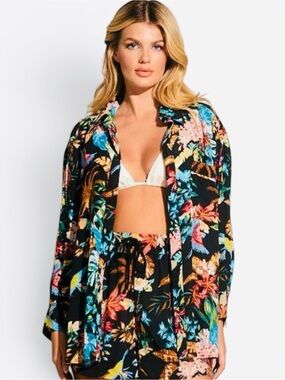 ELAN- Black Floral/Tropical Two-Piece Shirt & Shorts Set